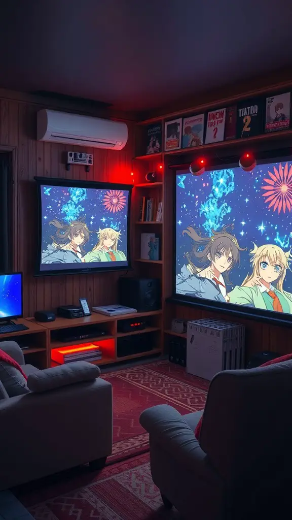 Cozy anime movie screening area with two screens displaying anime characters, a comfortable couch, and warm lighting.