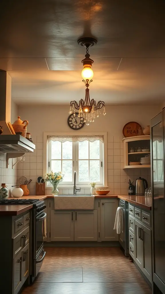 21+ Enchanting Cottagecore Kitchen Ideas to Transform Your Space 16 A cozy cottage kitchen featuring a vintage chandelier lighting fixture.