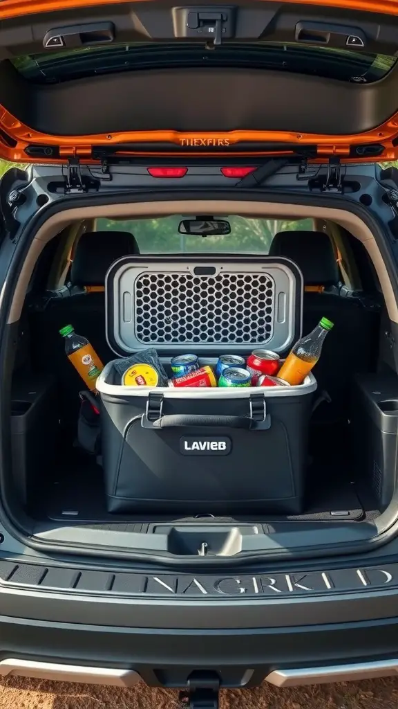 25+ Clever Car Trunk Organization Ideas to Maximize Space 12 A car trunk featuring a collapsible cooler filled with drinks.
