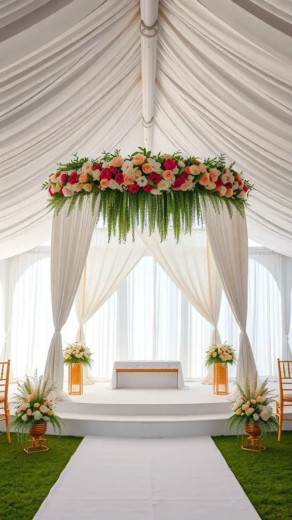 21+ Stunning Backyard Tent Wedding Ideas for Your Dream Celebration 13 A beautifully decorated wedding altar in a tent with floral arrangements and a white aisle.