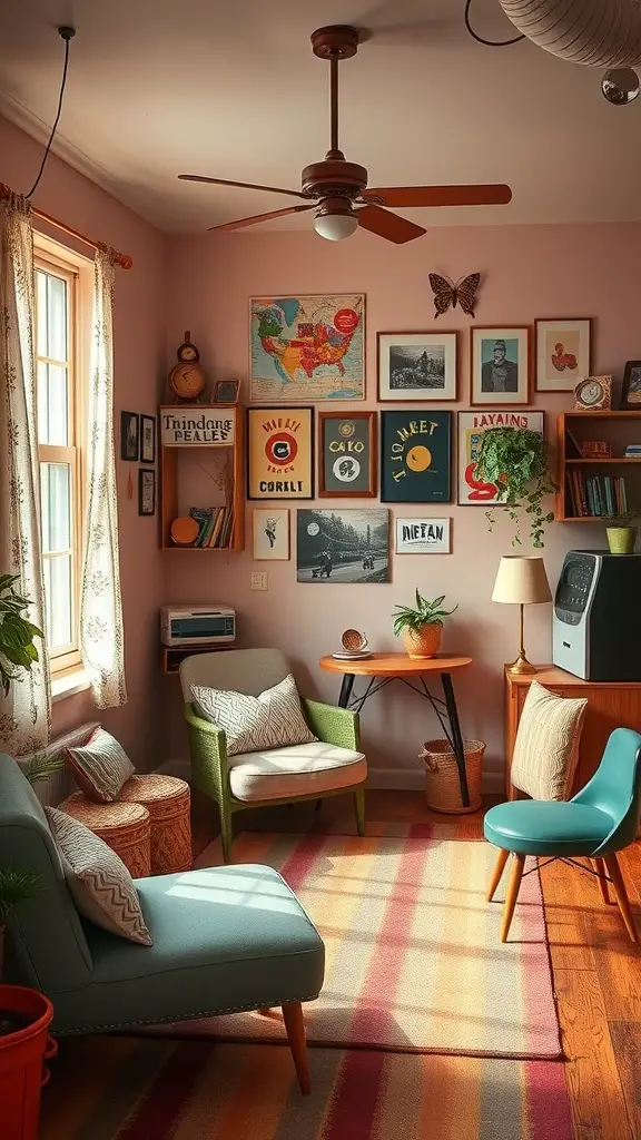 25+ Creative Bloxburg Teen Room Ideas You’ll Love 5 A cozy vintage-inspired teen room with pink walls, eclectic artwork, and colorful furniture.
