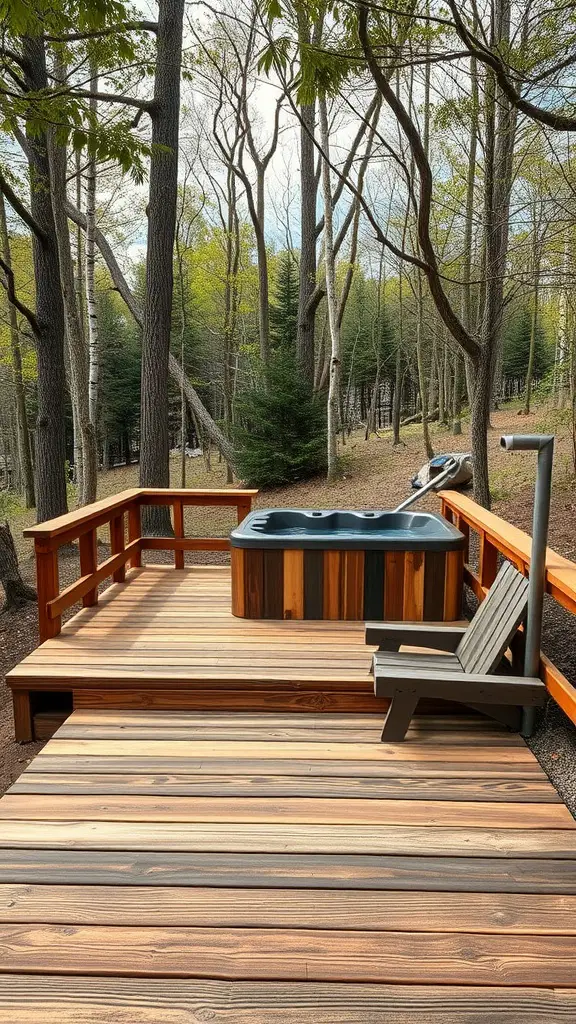 23+ Stunning Hot Tub Deck Designs to Elevate Your Outdoor Oasis 2 A rustic hot tub deck made from reclaimed wood, surrounded by trees.