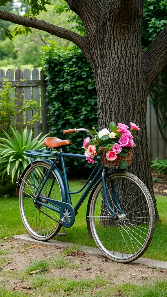 23+ Enchanting Cottage Core Backyard Ideas to Transform Your Outdoor Space 14 A vintage blue bicycle with a basket of pink roses parked under a tree in a backyard.