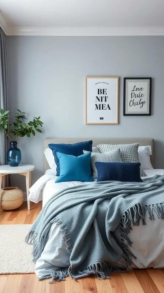 23+ Stunning Blue and Grey Bedroom Ideas You'll Love 9 A cozy blue and grey bedroom featuring a bed with various pillows, framed artwork on the walls, and a plant beside the bed.