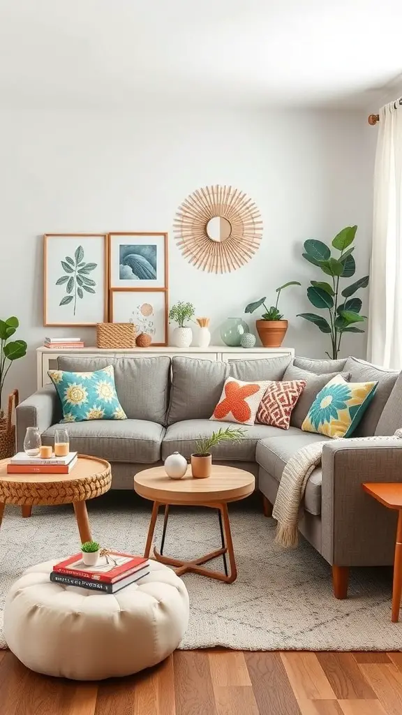 A cozy living room with colorful throw pillows, a round coffee table, a pouf, and plants, creating a fun and inviting atmosphere.