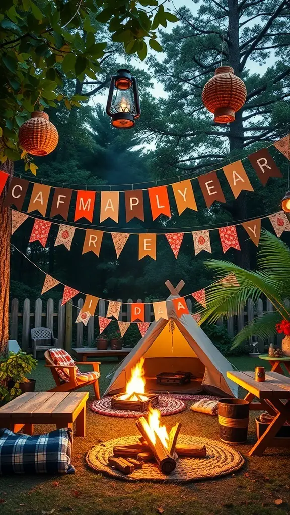 A cozy backyard camping setup with a tent, fire pit, and decorative lanterns.