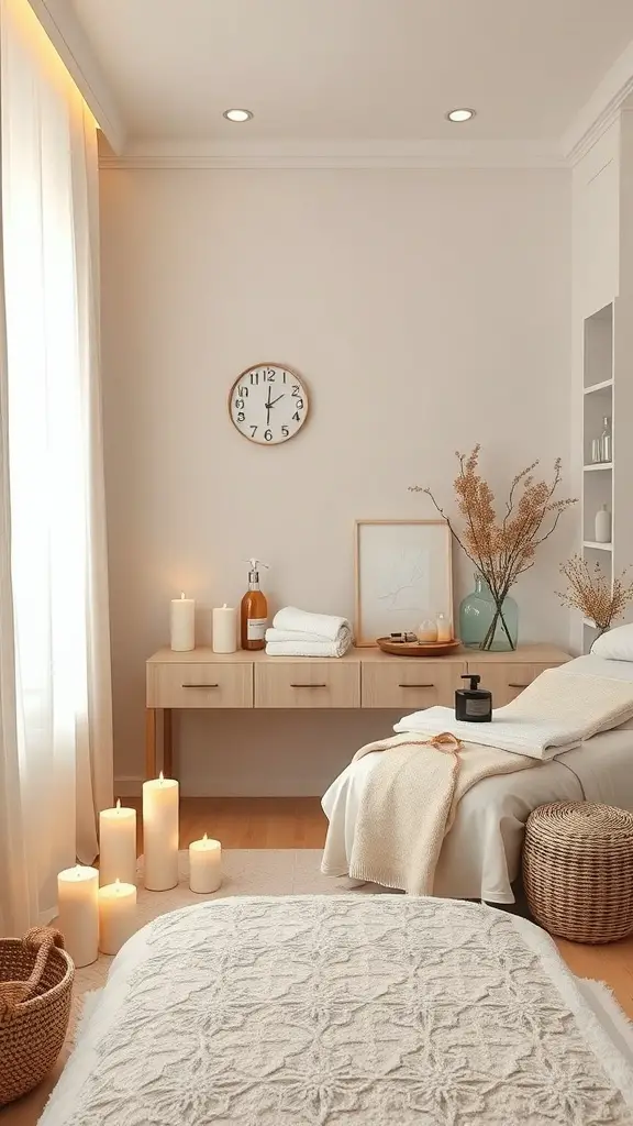 23+ Cozy Small Facial Room Ideas for a Relaxing Retreat 6 A small facial room with candles, a cozy bed, and natural decor elements.