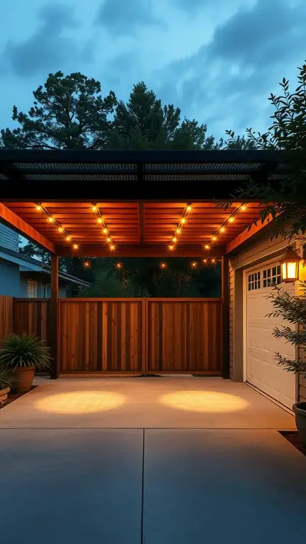 17+ Inspiring Garage Pergola Ideas for Your Outdoor Space 6 A beautifully designed pergola with integrated lighting illuminating a garage space at dusk.