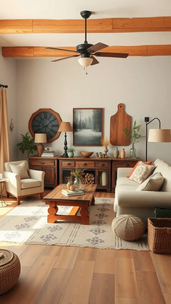23+ Cozy Fall Living Room Decor Ideas to Transform Your Space 4 A cozy rustic living room with wooden beams, a coffee table, and soft furnishings.