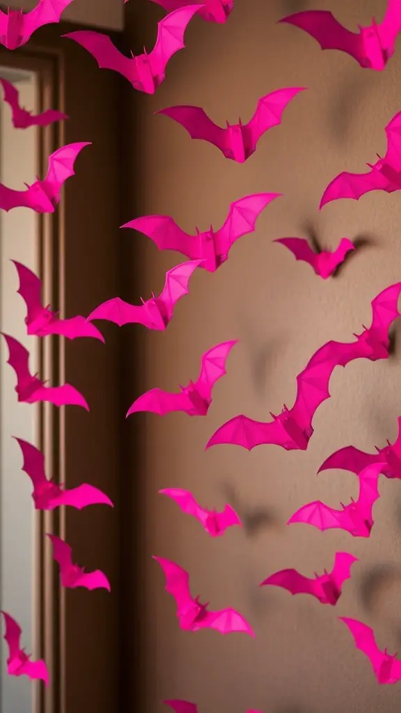 23+ Stunning Pink Halloween Decor Ideas for a Unique Celebration 9 Colorful pink bat cutouts hanging on a wall