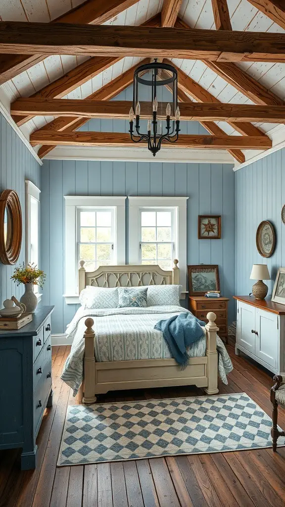 A rustic blue and white farmhouse style bedroom featuring wooden beams, a cozy bed, and charming decor.