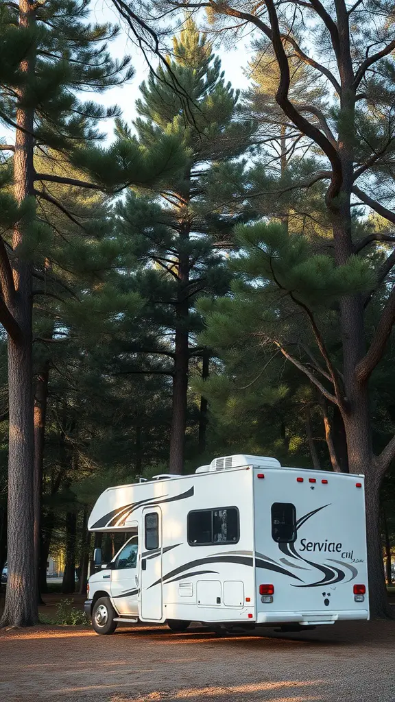 17+ Creative RV Shelter Ideas to Protect Your Home on Wheels 2 An RV parked under tall trees, providing natural shade.