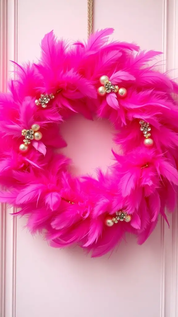 A glamorous hot pink feather wreath decorated with sparkling accents.