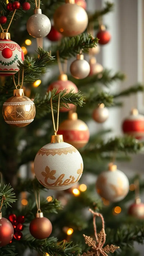 A close-up of a Christmas tree decorated with vintage ornaments in various colors and designs.