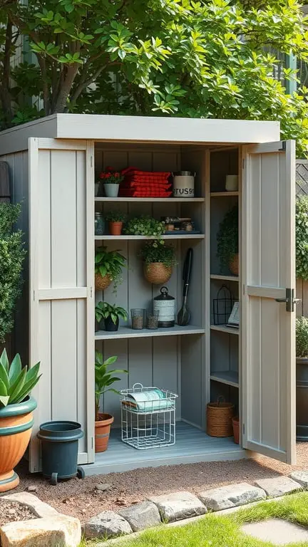 15 Creative DIY Shed Plans for Your Backyard Oasis 9 A compact vertical shed with open doors, showcasing organized shelves filled with plants and gardening tools.
