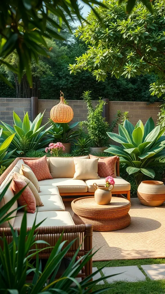 21+ Delightful Wedding Garden Party Ideas to Inspire Your Celebration 13 Cozy outdoor lounge area with a sofa, cushions, and plants