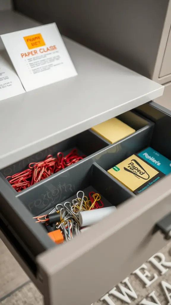 21+ Creative Drawer Organization Ideas for a Clutter-Free Home 3 Organized drawer with inserts holding paper clips and sticky notes.