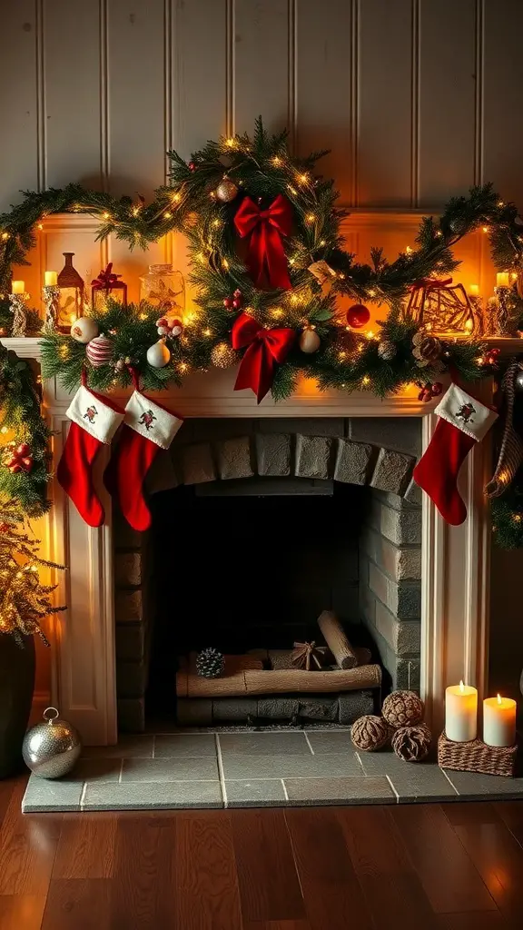 23+ Stunning Farmhouse Fireplace Decor Ideas to Transform Your Home 13 A festive holiday fireplace decorated with garlands, stockings, and candles.