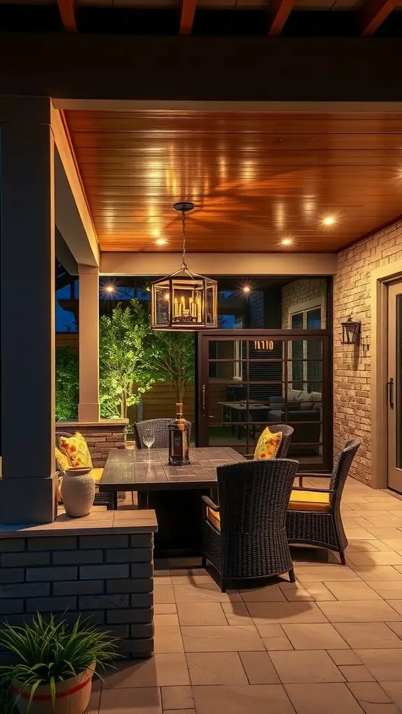 19+ Stunning Decks with Patios Underneath for Your Outdoor Oasis 13 A cozy outdoor patio with string lights, a fire pit, and comfortable seating.