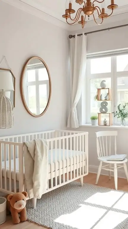 31+ Creative Small Nursery Ideas for Space-Saving Solutions 13 A cozy nursery with a crib, a round mirror, and a soft rug.