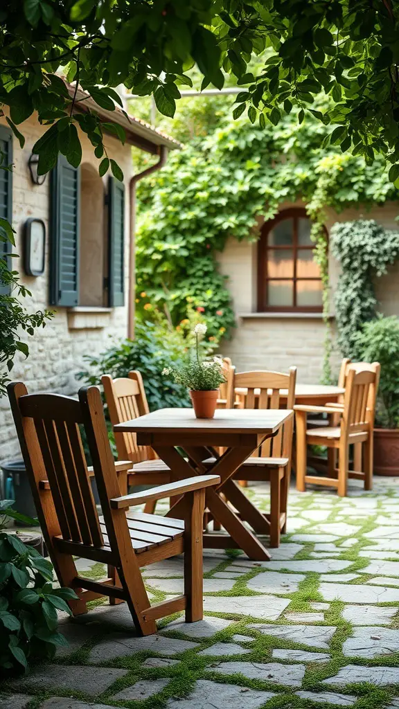 25+ Stunning Italian Garden Ideas for Your Outdoor Space 14 A rustic outdoor seating area with wooden furniture surrounded by greenery.