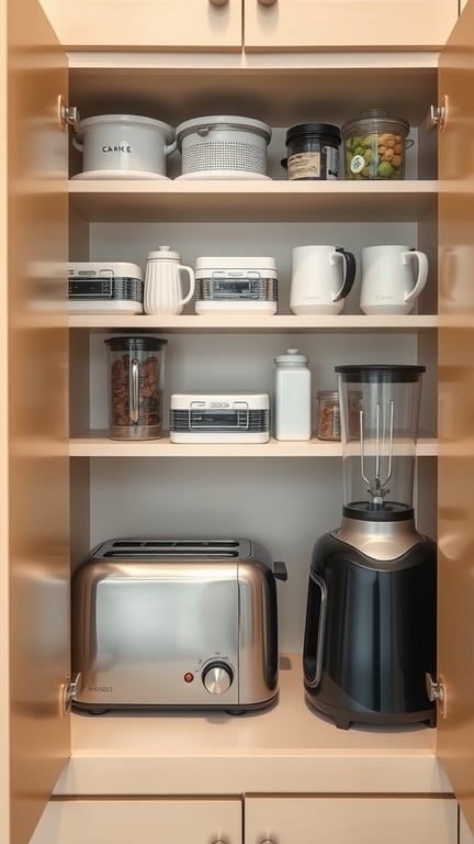 21 Creative Kitchen Appliance Storage Solutions You Need to Try 4 A cabinet organized with a toaster, blender, and various containers for kitchen storage.