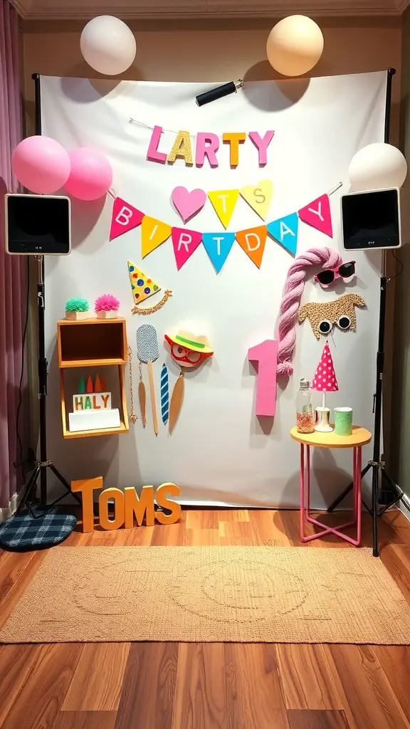 19+ Fun and Creative 1st Birthday Party Ideas for Your Little One 8 A colorful birthday photo booth backdrop with balloons, props, and decorations for a 1st birthday party.