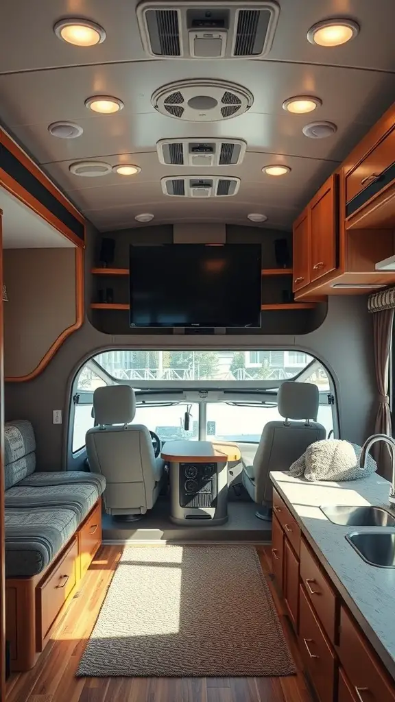 23+ Cozy RV Living Room Ideas for Ultimate Comfort 15 A cozy RV living room with a modern design, featuring comfortable seating, a TV, and a view of the outdoors.