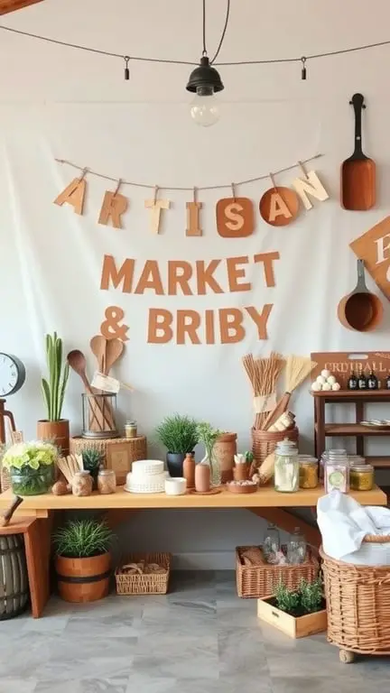 23+ Unique January Baby Shower Themes You’ll Love 16 A cozy artisan market setup with wooden letters, baskets, and handmade items.