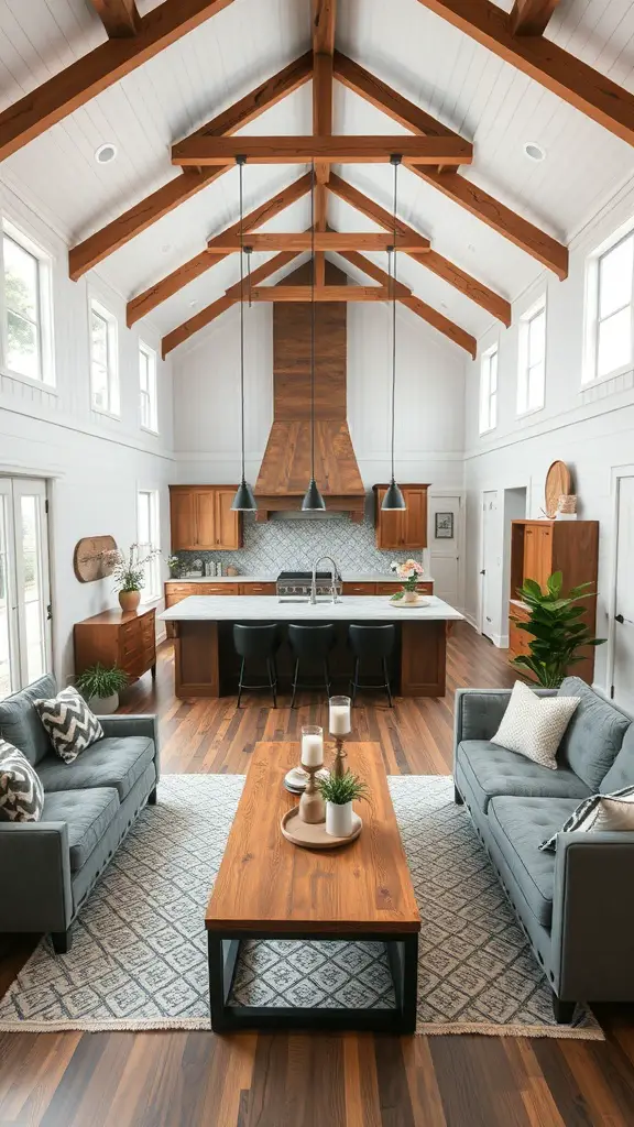 19+ Charming Barndominium Ideas for Cozy Living 10 An open concept living space in a barndominium featuring high ceilings, wooden beams, a kitchen island, and cozy seating.