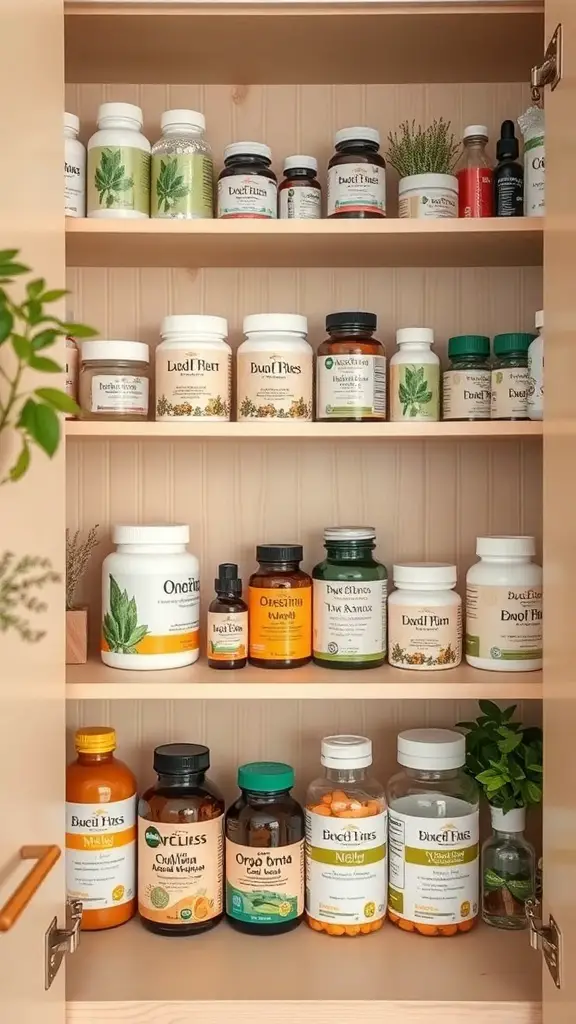 Organized medicine cabinet with various herbal remedies and supplements neatly arranged on shelves.