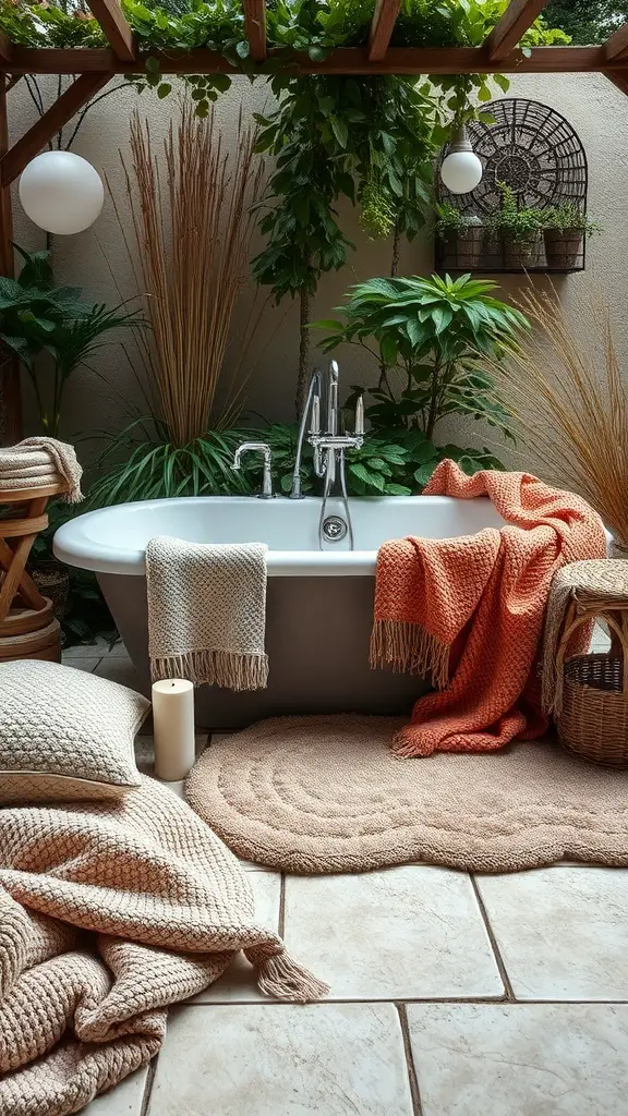 23+ Stunning Ideas for Decorating Your Garden Tub in the Master Bath 21 A cozy garden tub decorated with soft textiles and surrounded by greenery.