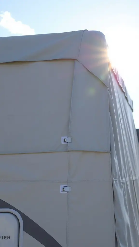 15+ Stylish RV Covers with Deck Designs to Elevate Your Outdoor Space 2 Close-up of an RV cover showing ventilation features