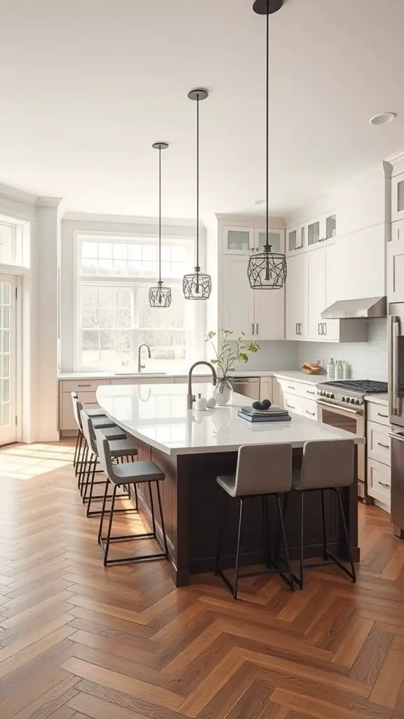 23+ Creative Bloxburg Kitchen Ideas to Transform Your Space 7 A modern open concept kitchen featuring a large island, pendant lights, and herringbone flooring.