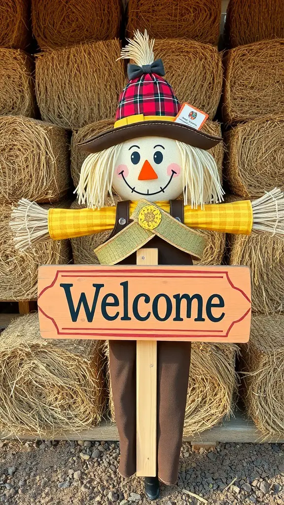 19+ Creative DIY Fall Door Hanger Ideas to Welcome the Season 6 A cheerful scarecrow holding a welcome sign, set against a backdrop of hay bales.