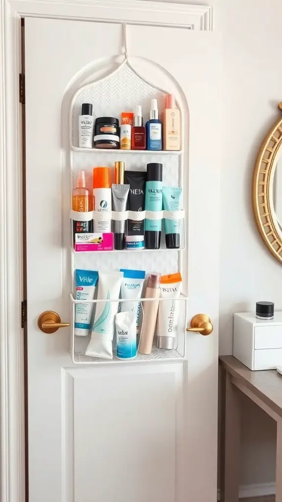 27+ Creative Vanity Organization Ideas You’ll Love 14 An over-the-door organizer filled with skincare products hanging on a door.