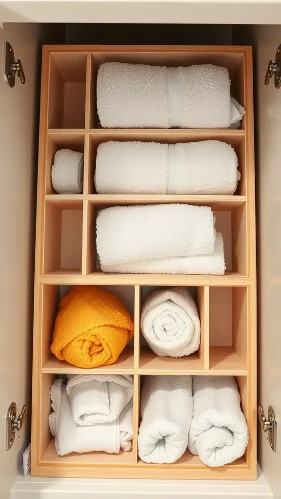 Organized linen closet drawer with dividers separating rolled towels
