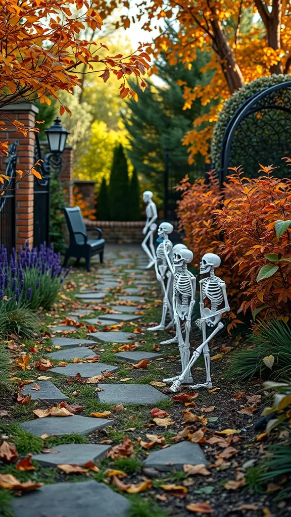 23+ Spooky DIY Outdoor Halloween Decorations to Enchant Your Yard 13 A pathway lined with playful skeleton decorations and autumn leaves.