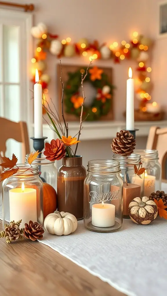 Mason jar candle holders with candles, pinecones, and autumn decorations on a table