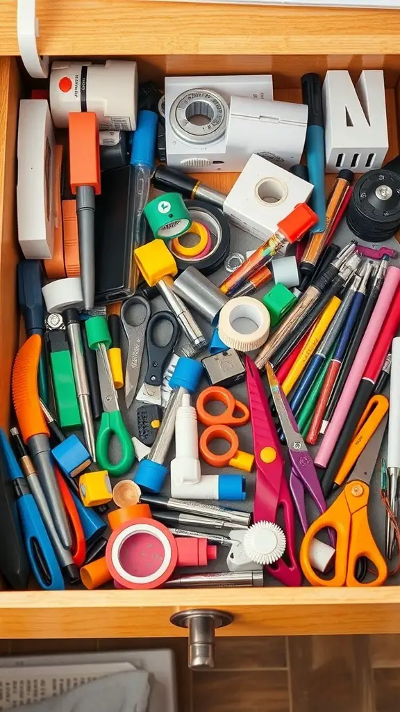 19+ Genius Junk Drawer Organization Ideas You Need to Try 12 A cluttered junk drawer filled with various office supplies and tools.