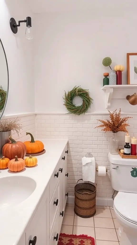 21+ Charming Fall Bathroom Decor Ideas to Transform Your Space 8 A cozy bathroom decorated with various pumpkins, a wreath, and natural elements for fall decor.