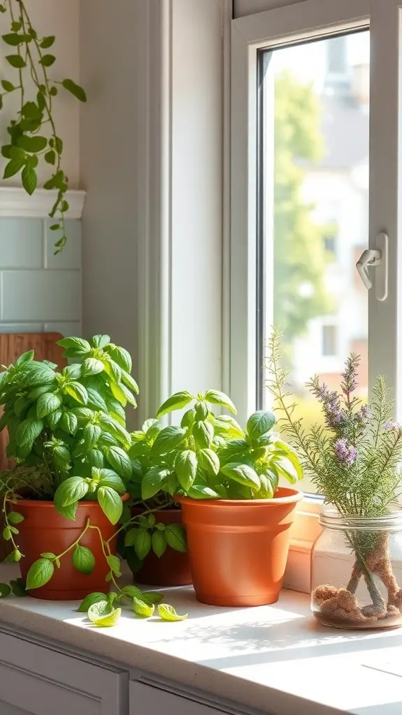 21+ Enchanting Cottagecore Kitchen Ideas to Transform Your Space 10 A sunny windowsill with various herbs in terracotta pots and a glass jar.