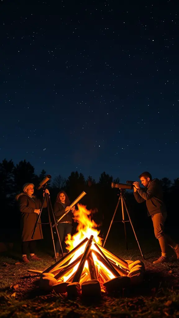 21+ Fun and Creative Bonfire Party Ideas for Unforgettable Nights 13 Group of friends stargazing with telescopes near a bonfire at night