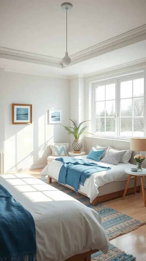 19+ Inspiring Blue and Cream Bedroom Ideas for a Cozy Retreat 9 A bright blue and cream bedroom with natural light streaming through large windows.