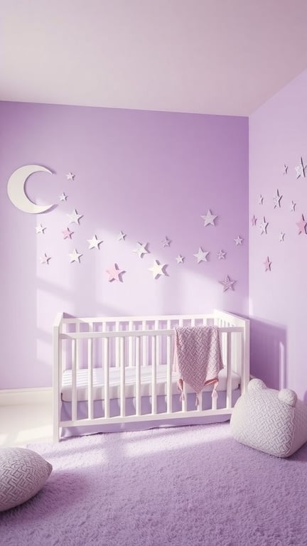 A cozy nursery painted in soft purple with a crib, plush rug, and star decorations.
