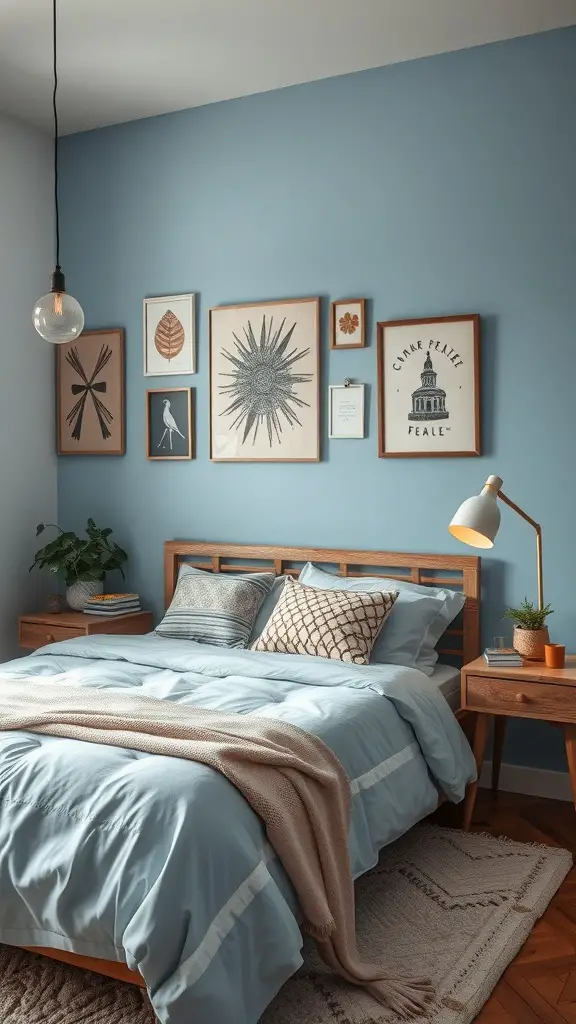 23+ Stunning Dusty Blue Bedroom Ideas to Transform Your Space 15 A cozy dusty blue bedroom with a gallery wall featuring various framed art pieces.