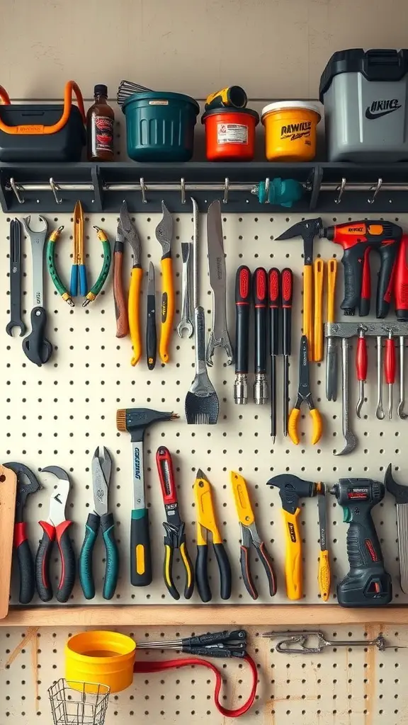 A well-organized tool wall featuring various tools hung on hooks and stored in bins.
