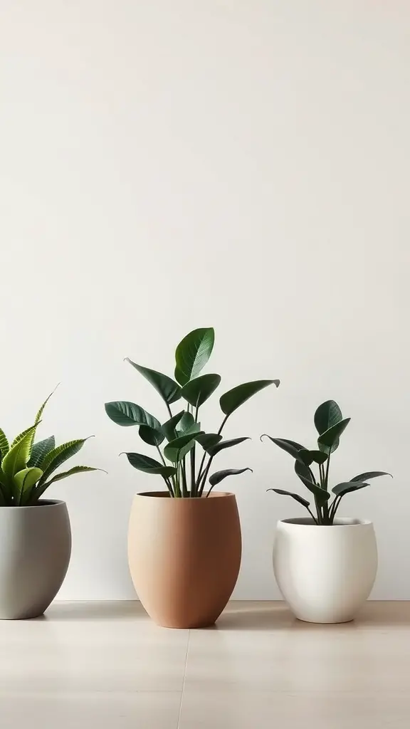 25+ Unique Plant Pot Designs You Need to Try 2 Three modern minimalist ceramic pots in gray, terracotta, and white with green plants