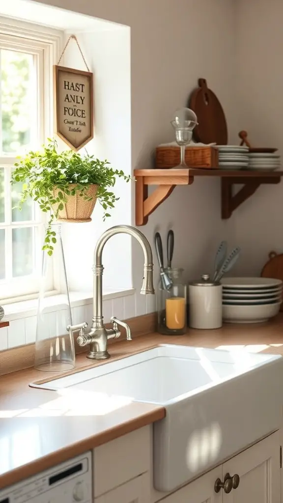 21+ Enchanting Cottagecore Kitchen Ideas to Transform Your Space 8 A charming farmhouse sink with a stylish faucet, surrounded by wooden shelves and a hanging plant.