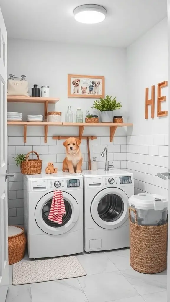 A cozy laundry room featuring a pet washing station with a cute dog on top of the washing machine.